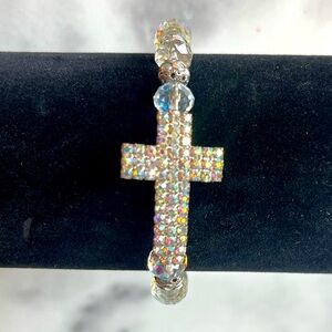7.5” Silver-Plated Chunky Pave Crystal Cross Rhinestone Beaded Stretch Bracelet